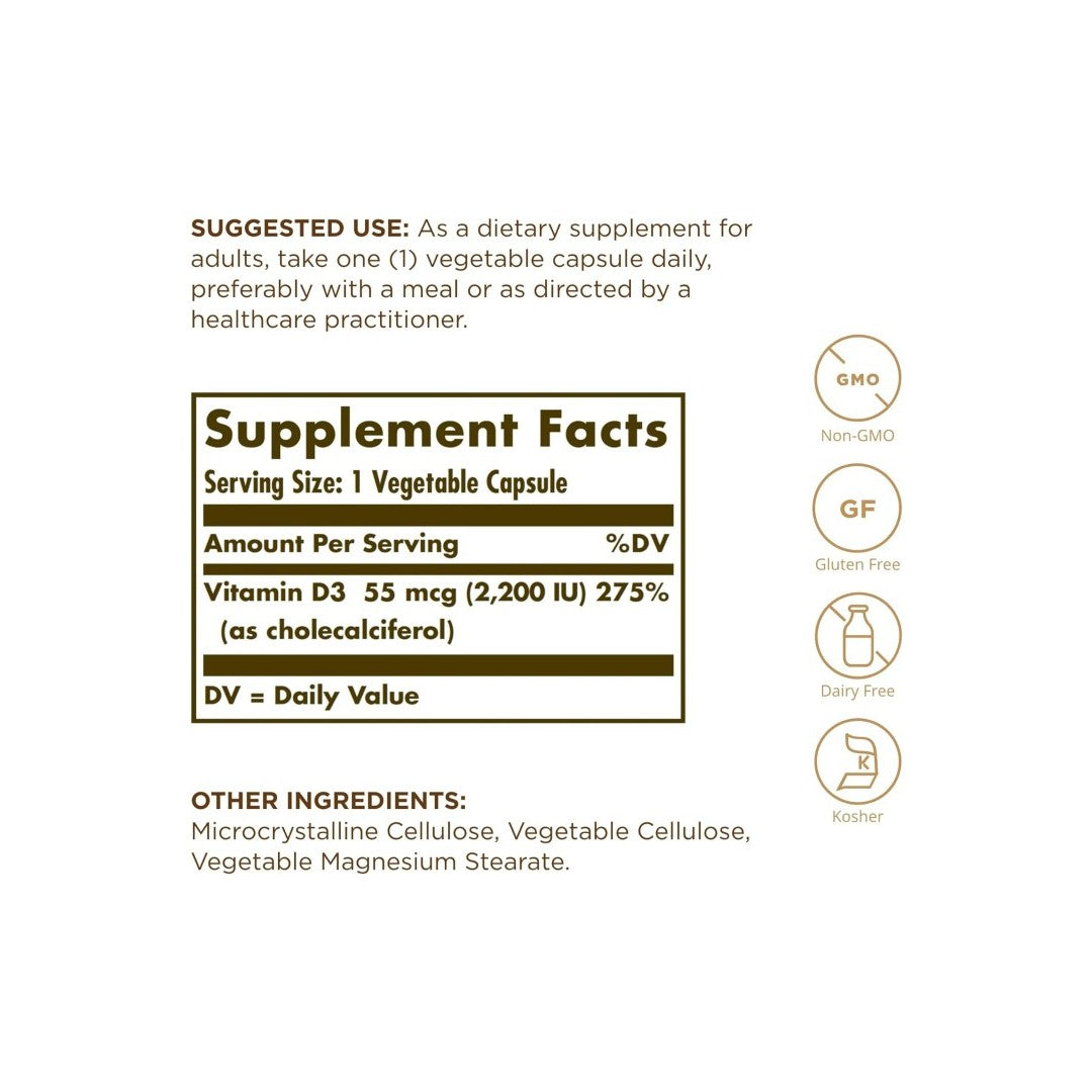 Solgar Vitamin D3 (Cholecalciferol) 55 mcg (2,200 IU) 100 Vegetable Capsules label showing suggested use, serving size, and ingredients. Includes icons indicating the supplement is non-GMO, gluten-free, dairy-free, and kosher. Vitamin D3 content is highlighted to support bone health and the immune system.