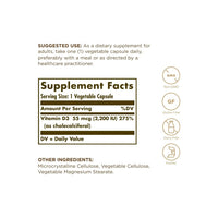 Thumbnail for Solgar Vitamin D3 (Cholecalciferol) 55 mcg (2,200 IU) 100 Vegetable Capsules label showing suggested use, serving size, and ingredients. Includes icons indicating the supplement is non-GMO, gluten-free, dairy-free, and kosher. Vitamin D3 content is highlighted to support bone health and the immune system.