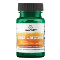 Thumbnail for A bottle of Swanson Beta-Carotene (Vitamin A) 25000 IU dietary supplement includes 100 softgels for eye, vision, and skin health.