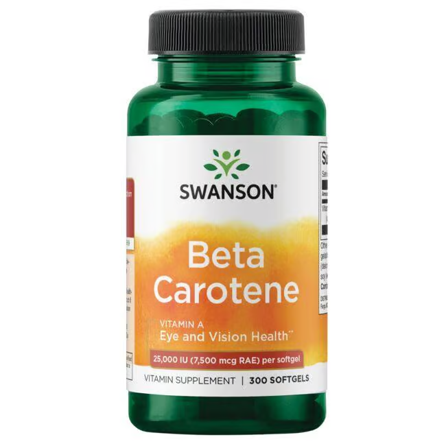 Swanson's Beta-Carotene (Vitamin A) offers 25,000 IU per softgel and comes with 300 softgels, supporting eye and vision health.