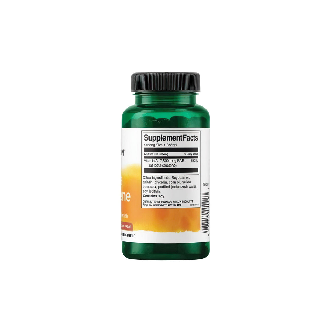 A dietary supplement bottle of Swanson Beta-Carotene - 25000 IU 300 softgels Vitamin A on a white background.