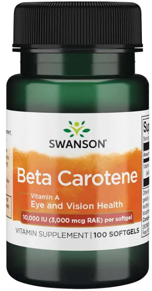 Swanson Beta-Carotene is a dietary supplement providing 10000 IU of Vitamin A in 100 softgels.