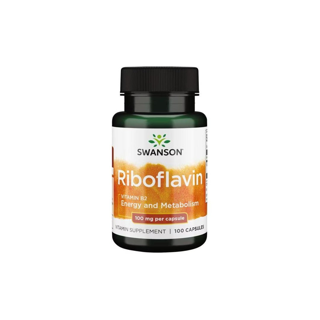 A bottle of Swanson Riboflavin Vitamin B2 100 mg 100 Capsules, labeled as "Energy and Metabolism," containing 100 capsules with 100 mg per capsule. This product is designed to support energy production and overall vitality.