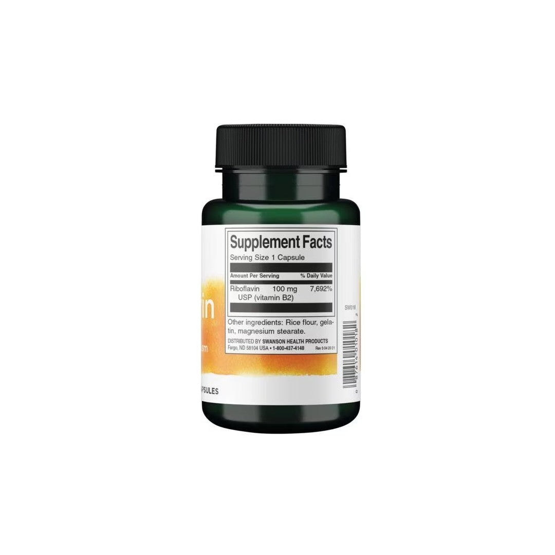 A bottle of **Swanson Riboflavin Vitamin B2 100 mg 100 Capsules** with a label showcasing "Supplement Facts" and "Riboflavin 100 mg (Vitamin B2)," highlighting its role in energy production, along with other ingredients and product information.