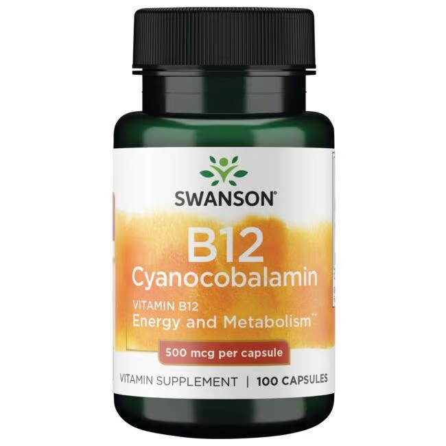 Swanson's Vitamin B12 Cyanocobalamin, offering 500 mcg per capsule and containing 100 capsules, supports energy production and metabolism. It's ideal for vegans aiming to maintain optimal health.