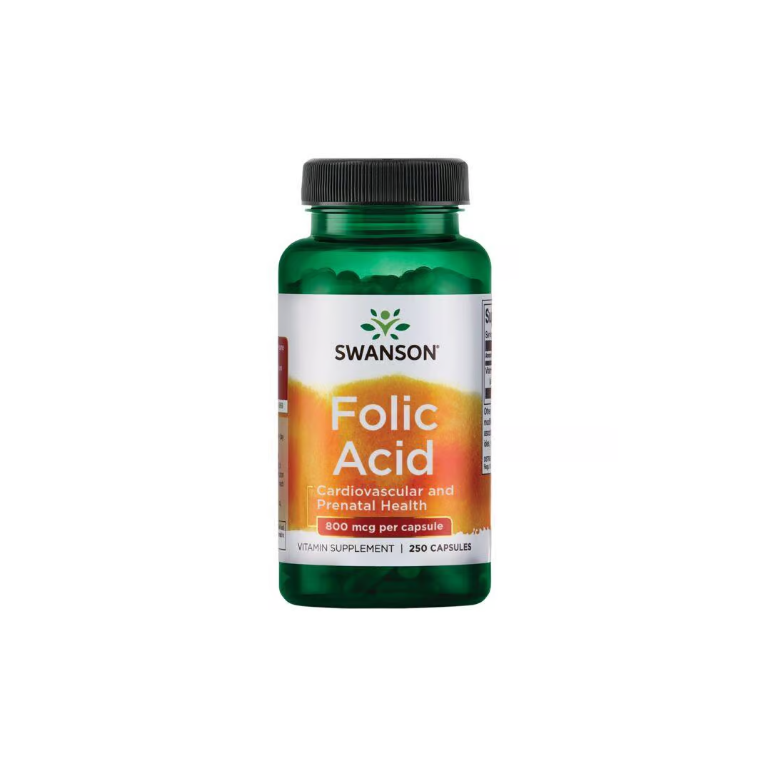 Swanson's Folic Acid boasts 250 capsules, each delivering 800 mcg of B9, ideal for cardiovascular and prenatal health. A great supplement choice for a healthy pregnancy.