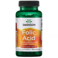 Thumbnail for A bottle of Swanson's Folic Acid - 800 mcg with 250 capsules is ideal for prenatal and cardiovascular health, offering essential vitamin B9 for pregnancy support.