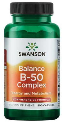 Thumbnail for A bottle of Swanson Vitamin B-50 Complex - 100 capsules, promoting nervous system health and cardiovascular health.