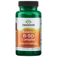 Thumbnail for A bottle of Swanson Balance Vitamin B-50 Complex, containing 100 capsules and enriched with B vitamins and Inositol, supports energy and metabolism.