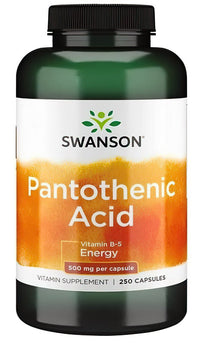 Thumbnail for Bottle of Swanson Pantothenic Acid 500 mg Vitamin B-5 supplement for energy metabolism and skin regeneration, 250 capsules.