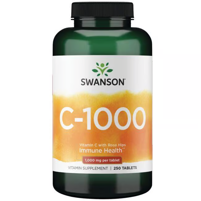 Swanson's Vitamin C-1000 with Rose Hips offers 250 tablets, each delivering 1,000 mg of Vitamin C for immune health and antioxidant support.