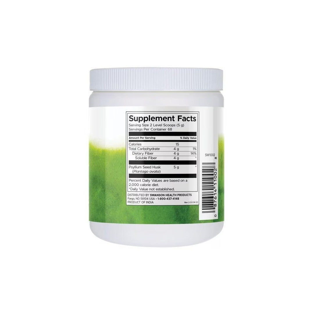 Swanson Psyllium Husk Powder - Fine Milled & Unflavored 340 g supplement container with a green label showing nutrition facts: 15 calories, 4g carbs, 3g dietary fiber, and 5.9g Psyllium Husk Powder per serving to support digestive health. Contains 60 servings per container.