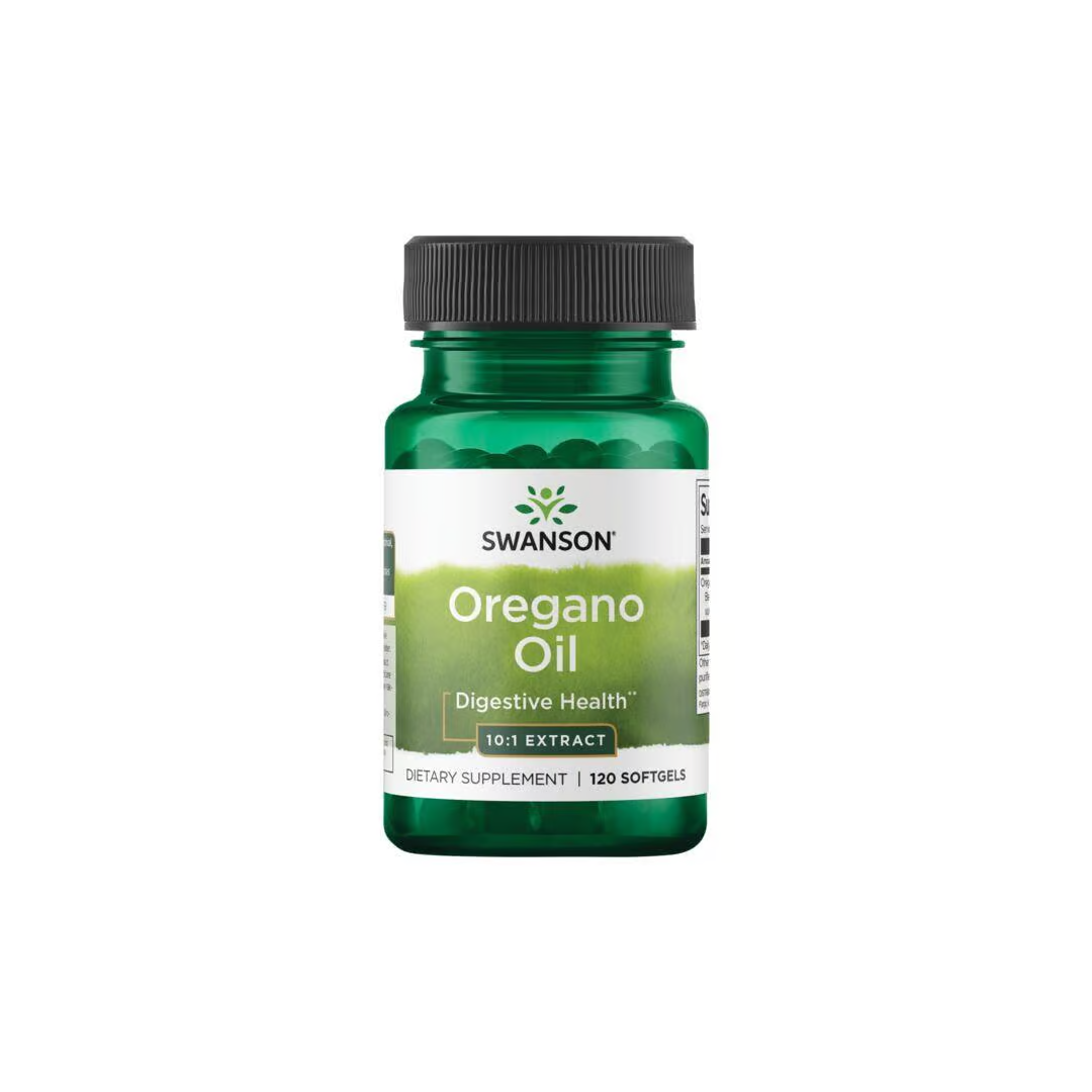 Swanson Oregano Oil, labeled for digestive and immune support, contains 120 softgels with a potent 10:1 extract.