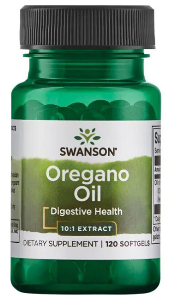 A bottle of Swanson Oregano Oil - 150 mg 120 softgel, known for its beneficial effects on the immune system and gastrointestinal health.