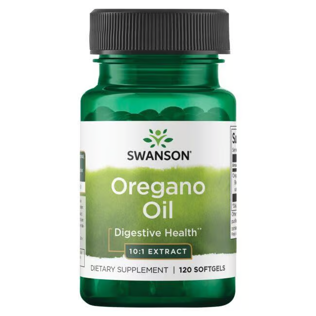 Swanson Oregano Oil 150 mg, 120 softgels, in a green bottle labeled for digestive and respiratory health with a 10:1 extract ratio to support immune health.