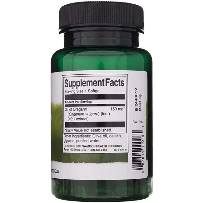 The Swanson Oregano Oil 150 mg 120 Softgels, labeled for immune support, contains ingredients like olive oil, gelatin, glycerin, and purified water.