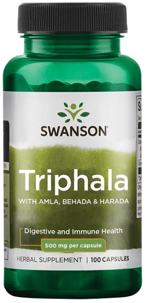 A dietary supplement bottle of Swanson Triphala with Amla, Behada & Harada - 500 mg 100 capsules, ideal for promoting a healthy digestive system.