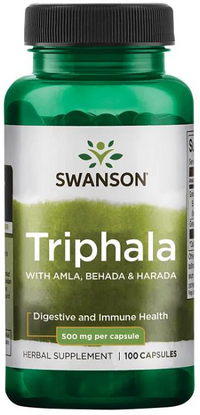 Thumbnail for A dietary supplement bottle of Swanson Triphala with Amla, Behada & Harada - 500 mg 100 capsules, ideal for promoting a healthy digestive system.