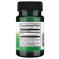 Thumbnail for A green bottle of Swanson's DHEA - 10 mg capsules shows a supplement facts label. DHEA acts as a testosterone precursor, with ingredients including rice flour, gelatin, magnesium stearate, and silica.