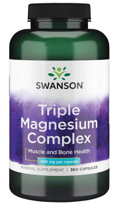 The Swanson Triple Magnesium Complex - 400 mg 300 capsules is a high-quality supplement that provides optimal bioavailability of magnesium for promoting mental relaxation.