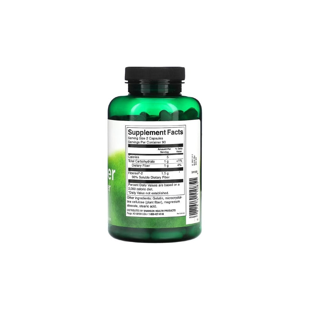 A green bottle of Swanson's Bio-Fiber - Fibersol-2 750 mg dietary supplements, aimed at digestive health and featuring a visible Supplement Facts label detailing serving size, calories, and nutrient content. The bottle comes with a black cap and contains 180 capsules.