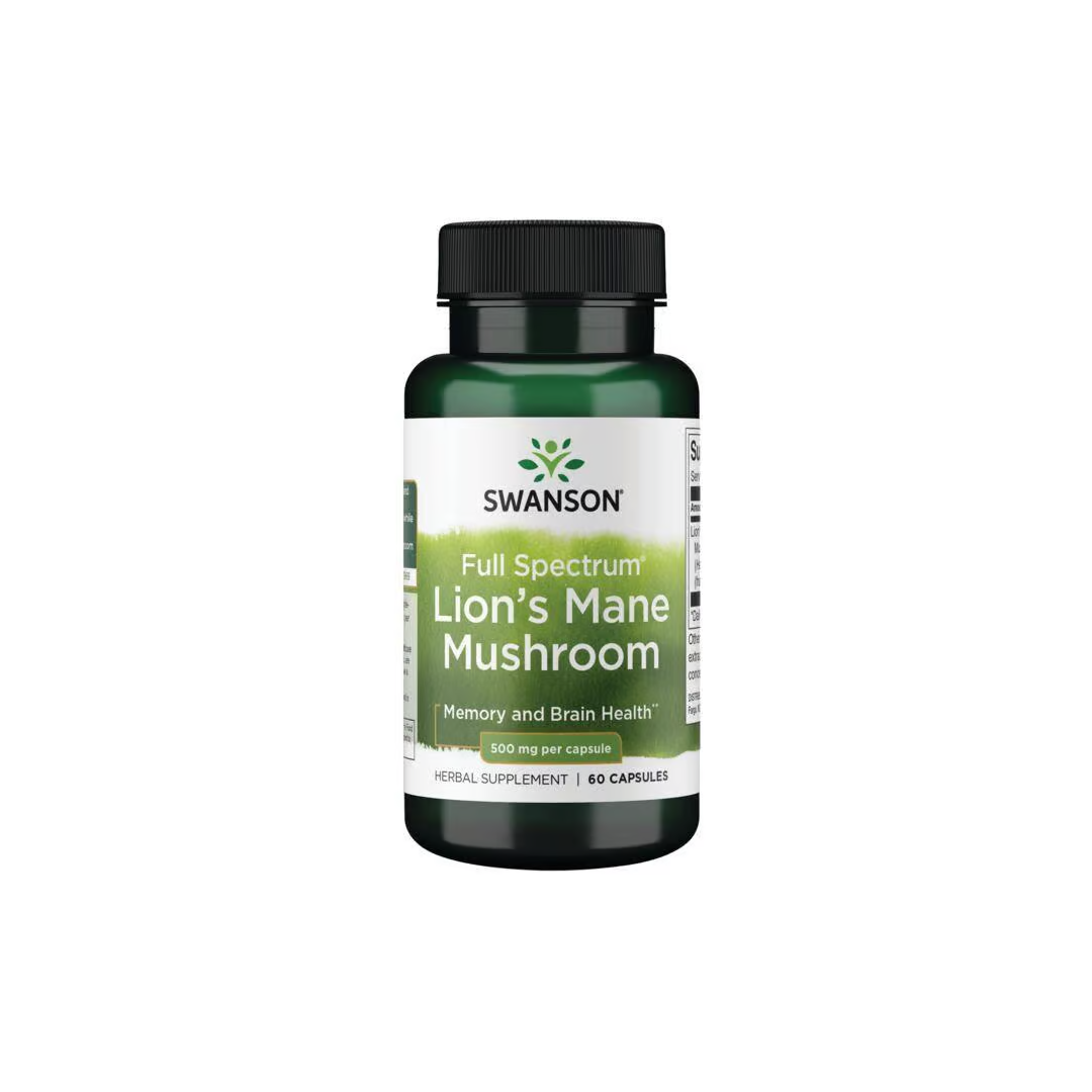 The Swanson Lion's Mane Mushroom supplement contains 60 capsules, each with 500 mg, inspired by traditional Asian medicine for memory and cognitive function.