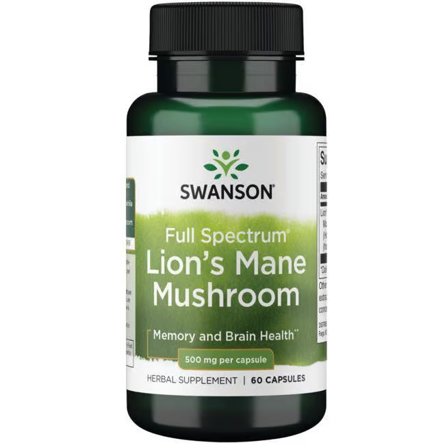 Swanson's Lion's Mane Mushroom 500 mg 60 Capsules, celebrated in traditional Asian medicine, supports memory and cognitive function with each capsule containing potent mushroom extract to enhance brain health.