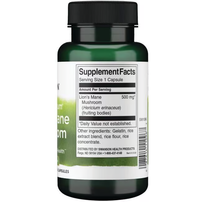 A bottle of Swanson Lion's Mane Mushroom 500 mg 60 Capsules, rooted in traditional Asian medicine, with a supplement facts label visible, offers 500 mg per serving for enhanced cognitive function.