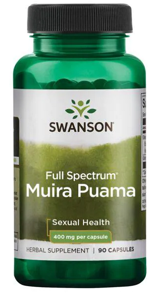A bottle of Swanson Full Spectrum Muira Puama - 400 mg 90 capsules.