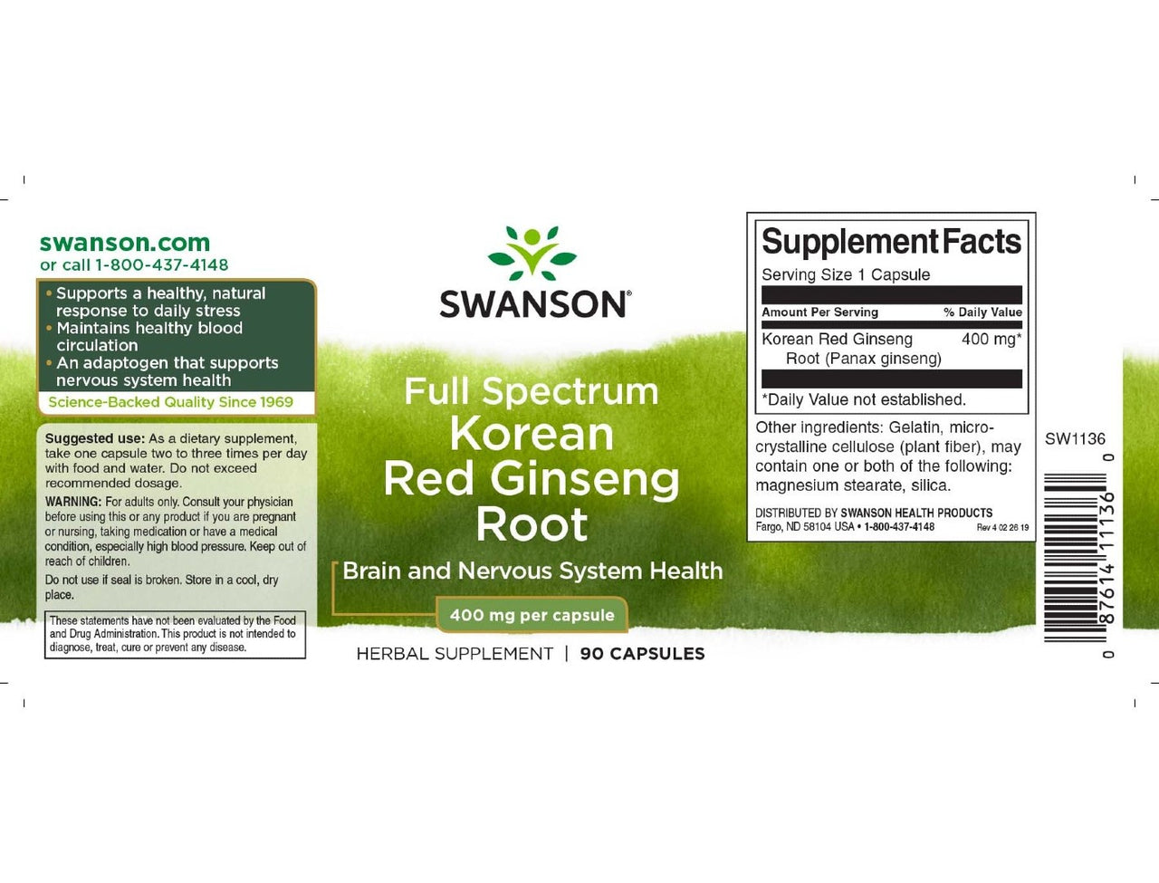 Label of a Swanson bottle for the herbal supplement, Full Spectrum Korean Red Ginseng Root 400 mg 90 Capsules. The label claims benefits for brain and nervous system health, with added energy support to reduce fatigue. Contains 90 capsules with 400 mg per capsule.