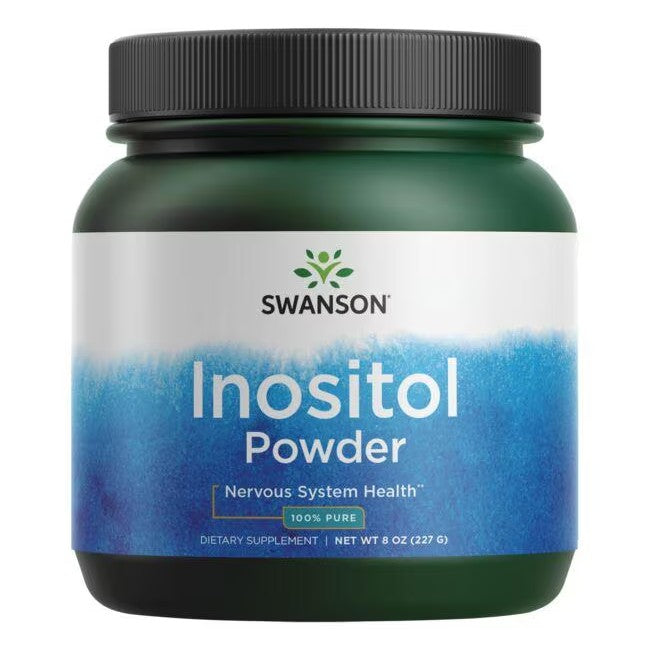 A green and black container of Swanson Inositol Powder - 100% Pure 227 g for nervous system health and fat metabolism. The label includes blue and white elements.