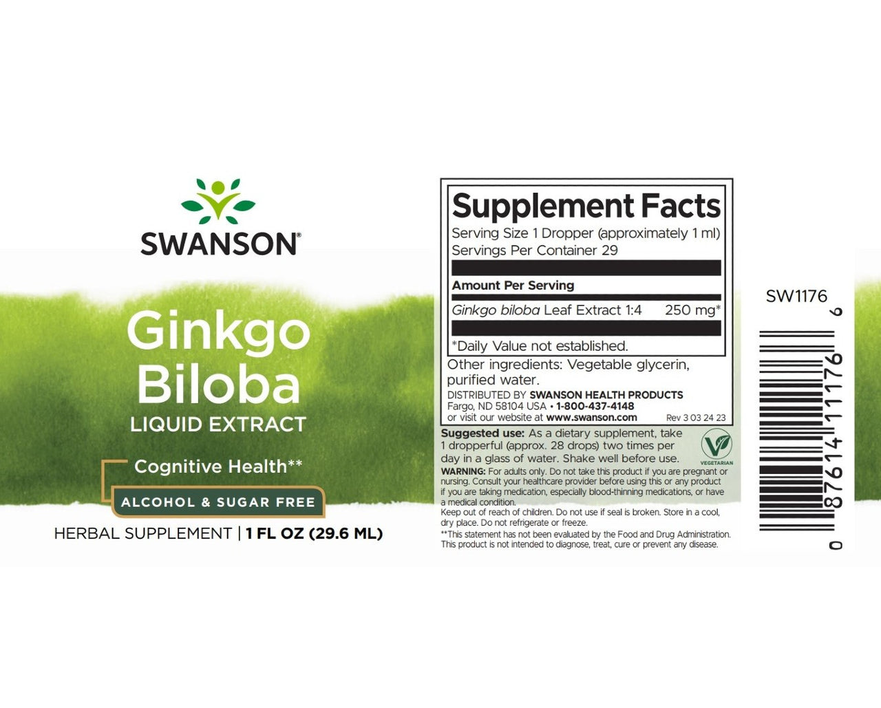 The label of Swanson's Ginkgo Biloba Liquid Extract 250 mg 1 fl oz (29.6 ml) highlights its alcohol and sugar-free formulation, promotes cognitive function, includes supplement facts for a 1 fl oz (29.6 ml) herbal supplement, and features antioxidant properties.
