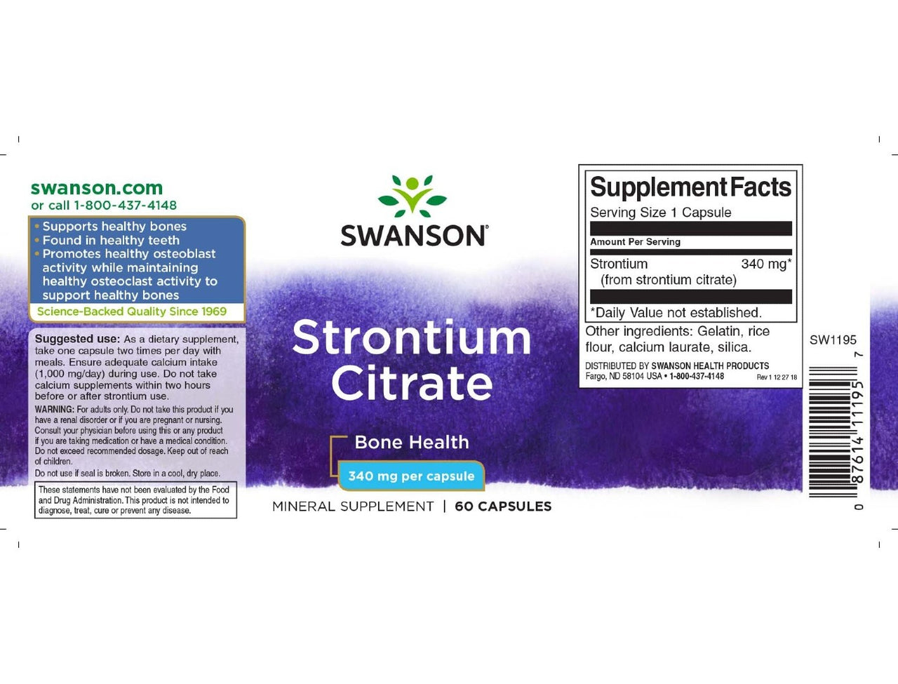 Label for Swanson Strontium Citrate 310 mg Bone Health supplement with 60 capsules per bottle. Contains 310 mg of strontium per capsule to support bone health and joint protection. Includes supplement facts, usage instructions, and contact details; ideal for those concerned about osteoporosis.