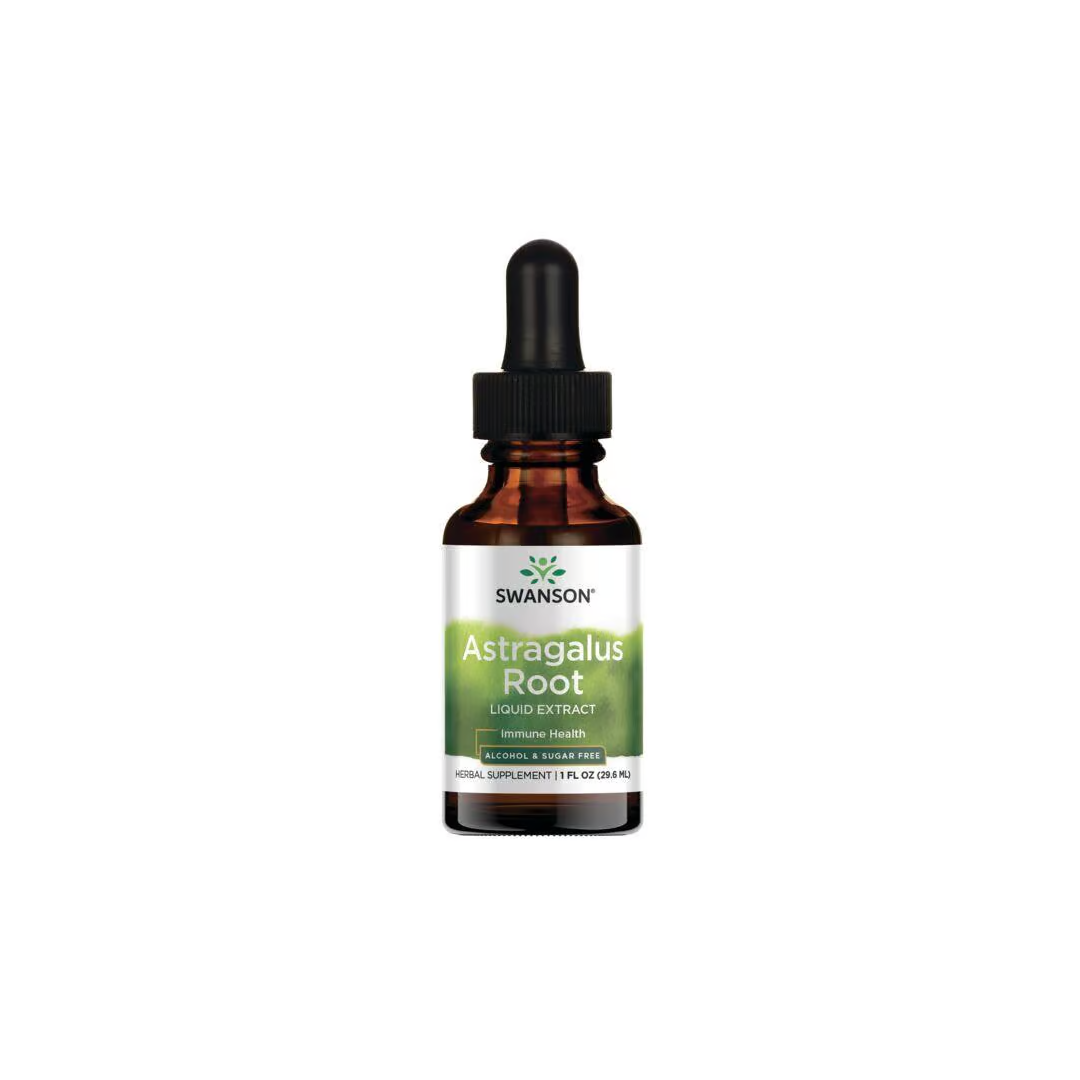 A small brown glass bottle with a green and white label reads "Swanson Astragalus Root Liquid Extract 29.6 ml," promoted for immunity and liver health.