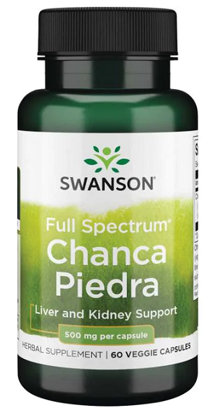 A bottle of Swanson Chanca Piedra - 500 mg 60 vege capsules.