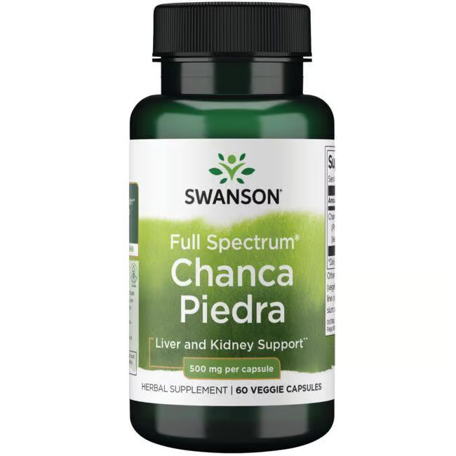 The Swanson Chanca Piedra supplement, containing 500 mg per capsule, comes in a green bottle with 60 veggie capsules designed to support liver health and kidney function.