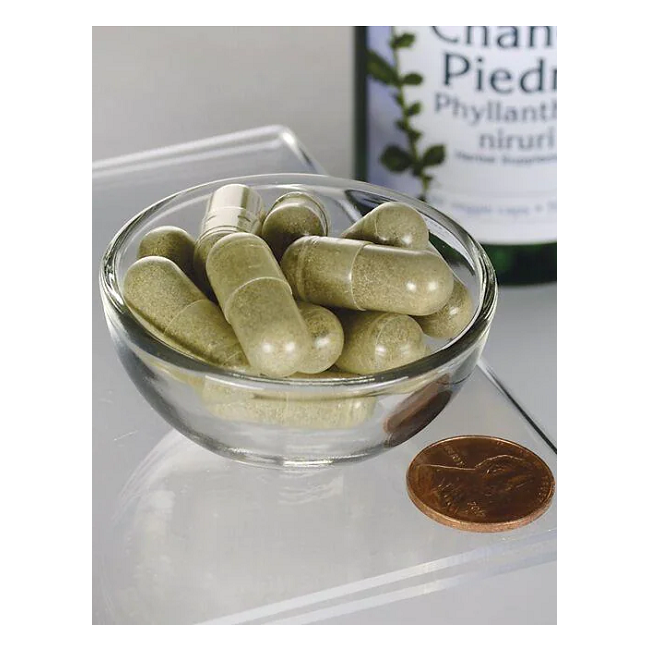 A small glass bowl filled with green capsules, positioned beside a penny for scale, sits next to a partially visible bottle labeled "Swanson Chanca Piedra 500 mg 60 Veggie Capsules," suggesting its reputed kidney health benefits.