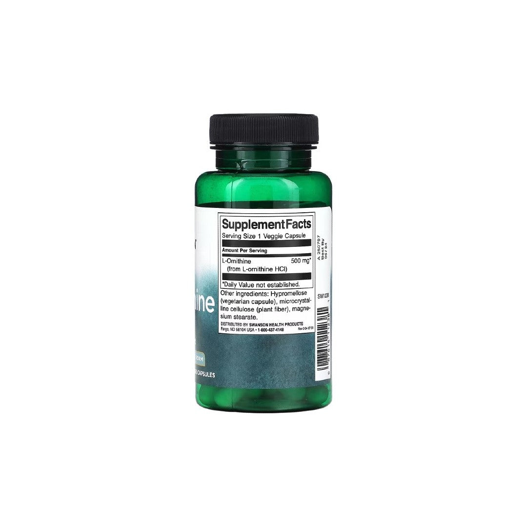 A green bottle from Swanson labeled "Supplement Facts" contains 500 mg of L-Ornithine HCI, which is known for its mental health benefits and urinary system support. The bottle has a capacity of 60 veggie capsules.