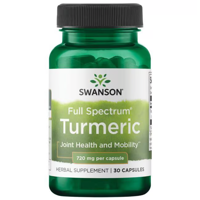 Swanson's Turmeric 720 mg, featuring 30 capsules rich in curcuminoids, supports joint health and mobility.