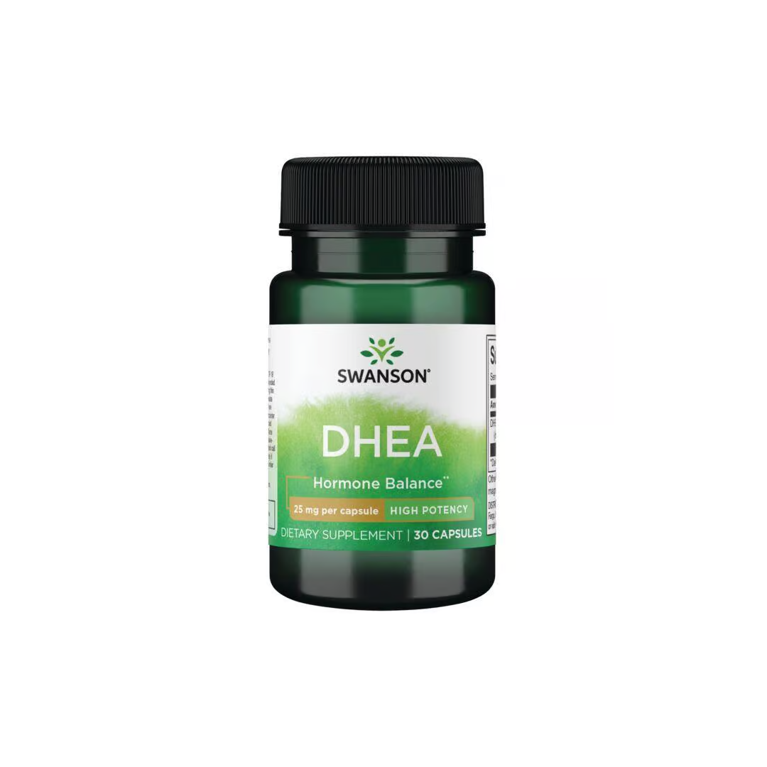 Swanson DHEA 25 mg High Potency offers hormonal support and energy boost in a green bottle containing 30 capsules.