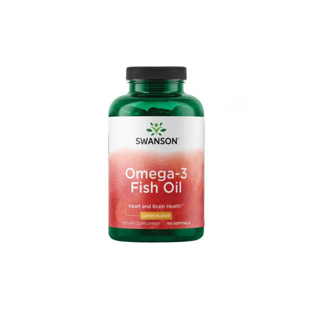 A Swanson Omega-3 Fish Oil - Lemon Flavour 150 Softgels bottle, rich in DHA, provides a pleasant taste.