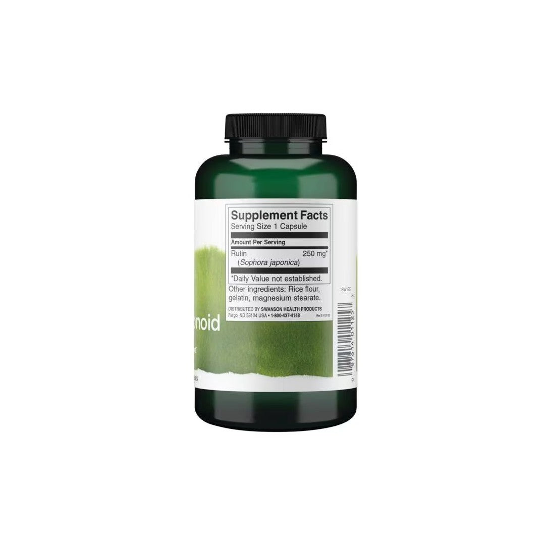 A green bottle of Swanson Rutin Natural Bioflavonoid 250 mg 250 Capsules with a label showing supplement facts, including Rutin at 250 mg per serving. The bottle also indicates additional ingredients and the product's manufacturer, emphasizing its role in supporting cardiovascular health.