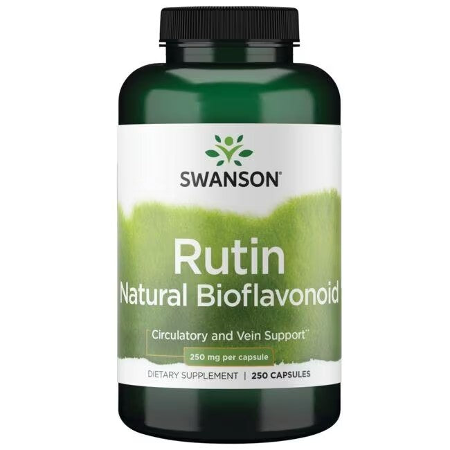 A green bottle labeled "Swanson Rutin Natural Bioflavonoid 250 mg 250 Capsules" promoting circulatory and cardiovascular health.