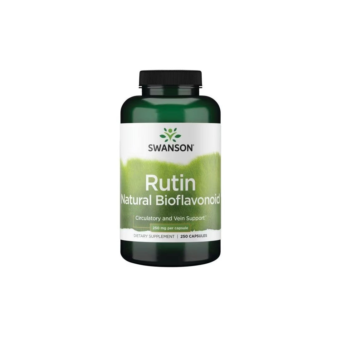 A green bottle labeled "Swanson Rutin Natural Bioflavonoid 250 mg 250 Capsules," containing 250 capsules for circulatory and vein support, also promotes cardiovascular health with its potent antioxidant properties.