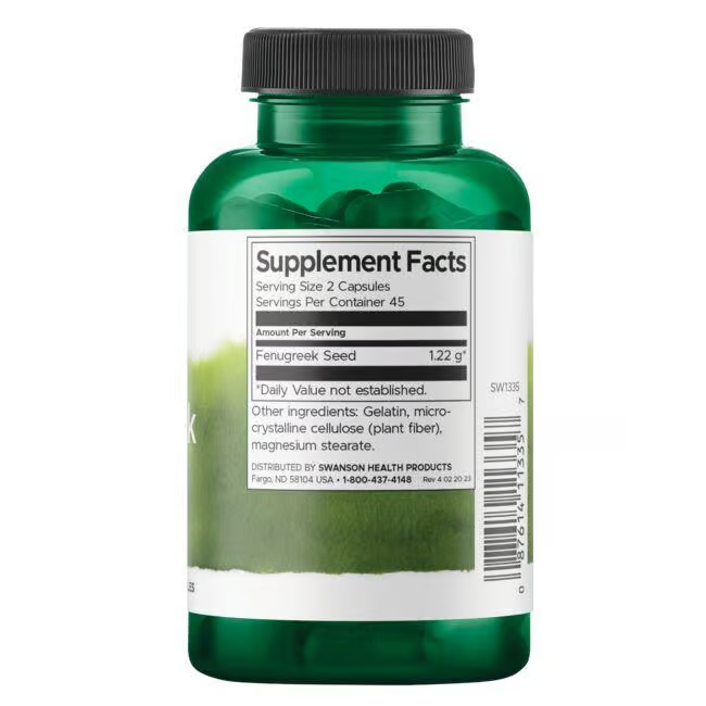 A Swanson green bottle labeled "Fenugreek Seed 610 mg 90 Capsules" is crafted to support hormonal health, with supplement facts and contact information clearly displayed.