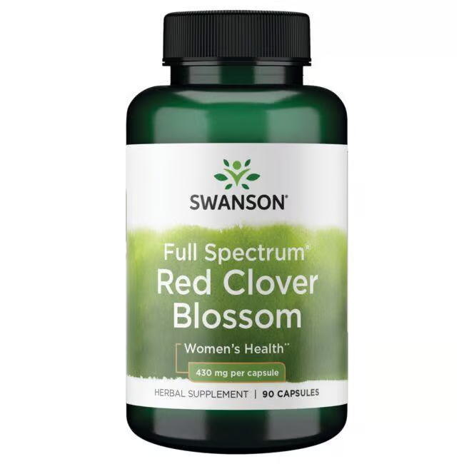 Swanson's Full Spectrum Red Clover Blossom contains 90 capsules, each offering 430 mg, designed for women's health. It's rich in isoflavones and particularly supports menopausal health.