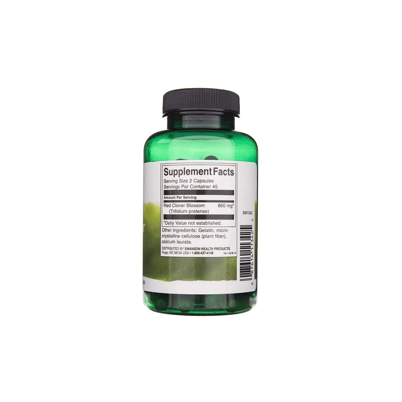 A bottle of Swanson Red Clover Blossom 430 mg 90 caps on a white background, beneficial for women's health during menopause and menstrual cycle.