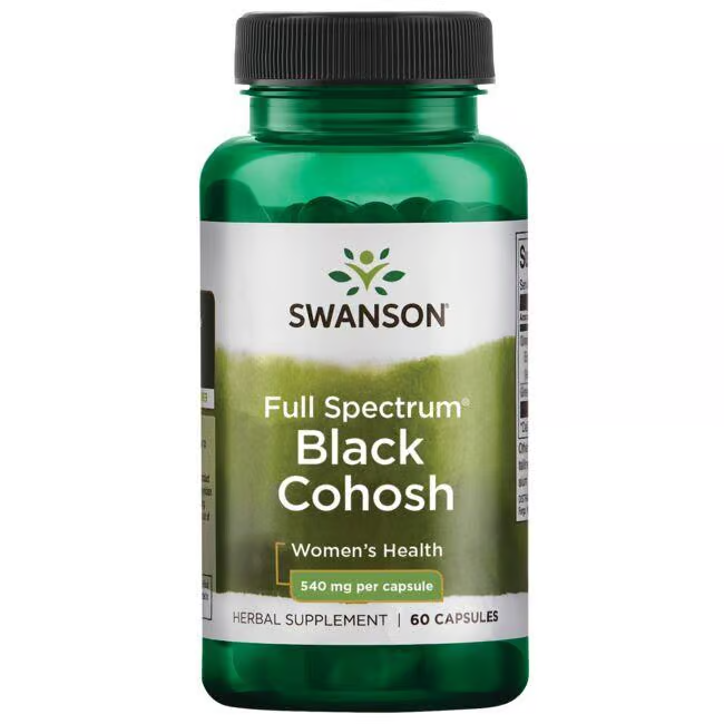 Swanson's "Full Spectrum Black Cohosh" offers 540 mg per capsule in a 60-capsule bottle, supporting women's hormonal balance and relieving menopausal symptoms.