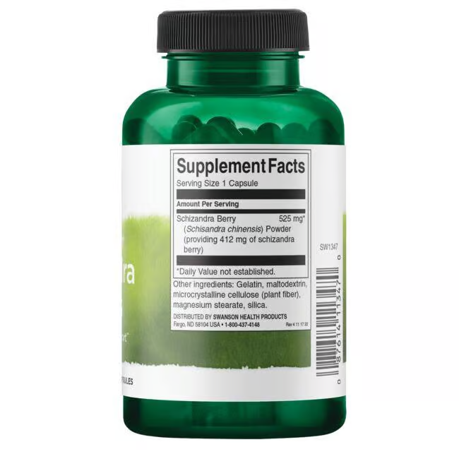 A Swanson supplement bottle featuring Schizandra Berries 525 mg, known as an adaptogenic plant in traditional Chinese medicine, with a serving size of one 525 mg capsule.