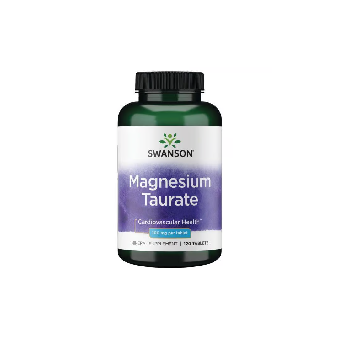 Green bottle labeled "Magnesium Taurate 100 mg 120 Tablets" by Swanson in a white and purple design. The label emphasizes "Cardiovascular Health," promoting benefits for muscle and bone health with 100 mg per tablet, containing 120 tablets as a mineral supplement.